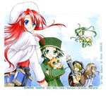  2003 4girls ardylia aty_(summon_night) beret black_hair blonde_hair blue_eyes boots brown_hair cowboy_hat detached_sleeves flying glasses green_eyes green_footwear green_legwear hat long_hair marurur midriff multiple_girls red_hair sakura_mio_(vent) smile sonolar summon_night summon_night_3 teco_(summon_night) thighhighs twintails waving western will_martini 