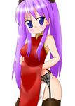  bare_shoulders blue_eyes blush china_dress chinese_clothes dress embarrassed garter_belt hiiragi_kagami lingerie lucky_star panties purple_hair sawa_(snack_yoshie) solo thighhighs twintails underwear 