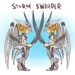  artist_request blonde_hair closed_eyes crossed_swords english mecha_musume multiple_girls ponytail source_request storm_sworder sword symmetry weapon wings zoids 