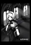  alice_margatroid book capelet character_name greyscale hairband laboto long_sleeves looking_at_viewer monochrome number puffy_long_sleeves puffy_sleeves short_hair solo sunlight touhou walking window 