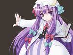  book bow brown_background hair_bow hat long_hair outstretched_arm outstretched_hand patchouli_knowledge purple_eyes purple_hair solo touhou triangle_mouth wapokichi 