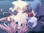  1girl breast_feeding breast_grab breasts censored game_cg grabbing hetero hyaweh karin_mibu large_breasts oono_tetsuya pink_hair prism_ark 