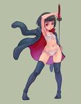  armpits brown_hair cape copyright_request fundoshi jacket jacket_on_shoulders japanese_clothes katana midriff navel red_eyes sarashi short_hair simple_background solo standing sword thighhighs weapon weno 