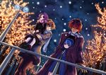  3girls :p alfimi blue_eyes carrying excellen_browning kyousuke_nanbu lemon_browning multiple_girls night outdoors pantyhose scarf shared_clothes shared_coat snow spoilers st.microscope super_robot_wars thighhighs tongue tongue_out tree trench_coat winter 