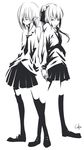  copyright_request greyscale high_contrast inemuri_uno loafers long_hair long_sleeves looking_at_viewer monochrome multiple_girls shirt shoes short_hair thighhighs zettai_ryouiki 