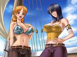  armlet armpits bangle belt bikini_top black_hair blush bracelet breasts buckle cameltoe cleavage cloud cowboy_shot day going_merry hand_on_hip hand_on_own_chest jewelry kagami_hirotaka large_breasts log_pose looking_at_viewer looking_back midriff multiple_girls nami_(one_piece) navel nico_robin nose_blush one_piece orange_hair outdoors pants ship sky standing stomach twintails watercraft 