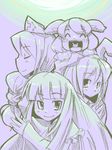  ^_^ animal_ears bunny_ears closed_eyes houraisan_kaguya inaba_tewi monochrome multiple_girls purple reisen_udongein_inaba touhou ura_doramachikku yagokoro_eirin 