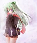  ahoge alternate_costume bag coat frog green_hair handbag keychain kochiya_sanae long_hair miniskirt moriya_suwako outdoors pleated_skirt purple_eyes red_scarf scarf scarlet_(studioscr) school_bag skirt snow snowing solo touhou 