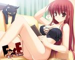  ? book bottomless breasts cat cleavage couch covered_nipples empty_x_embryo highres kifune_mio kobuichi large_breasts legs long_hair lying no_panties red_eyes red_hair sitting solo sweatdrop 