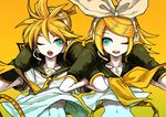  1girl brother_and_sister headphones headset kagamine_len kagamine_rin kimimaru microphone one_eye_closed siblings twins vocaloid 
