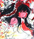  bare_shoulders black_hair bow closed_mouth collar detached_sleeves expressionless hair_bow hair_tubes hakurei_reimu long_sleeves looking_at_viewer red_bow red_eyes red_skin sidelocks solo touhou tsurukame upper_body vest 
