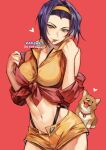  1girl animal animal_collar artist_name breasts character_name cigarette collar collarbone cowboy_bebop cowboy_shot dog ein_(cowboy_bebop) faye_valentine forehead green_eyes hand_up heart kadeart large_breasts lips looking_at_viewer midriff navel purple_hair red_background short_hair shorts simple_background solo suspenders tongue tongue_out yellow_headband yellow_shorts 
