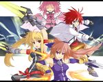  3girls agito_(fusion) antenna_hair armlet bardiche bare_shoulders black_dress blonde_hair bow caro_ru_lushe closed_eyes dress energy_sword erio_mondial fate_testarossa fire flame gauntlets kerykeion levantine light_smile long_hair looking_at_viewer lyrical_nanoha mahou_shoujo_lyrical_nanoha mahou_shoujo_lyrical_nanoha_a's mahou_shoujo_lyrical_nanoha_strikers multiple_girls orange_hair parted_lips pink_bow red_eyes red_hair shaded_face short_hair signum strada sword unison very_long_hair weapon yude zipper 