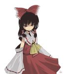  ascot black_hair bow closed_mouth detached_sleeves expressionless grey_background hair_bow hair_tubes hakurei_reimu inemuri_uno long_sleeves looking_at_viewer red_bow ribbon-trimmed_sleeves ribbon_trim shaded_face shadow sidelocks simple_background solo standing touhou 