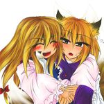  aiba_kinoko_(aozora) animal_ears blonde_hair fox_ears multiple_girls smile source_request touhou yakumo_ran yakumo_yukari 