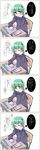  alternate_costume comic desk green_hair hair_ornament hairclip highres kochiya_sanae school_uniform serafuku smile tadano_kagekichi touhou translated yellow_eyes 