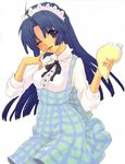  ahoge asakura_ryouko blue_hair blush breasts dress finger_to_mouth large_breasts long_hair looking_at_viewer maid_headdress one_eye_closed pastry_bag purple_eyes simple_background solo suzumiya_haruhi_no_yuuutsu tomako tongue tongue_out white_background 