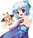  :d blonde_hair blue_eyes blue_hair bow cirno fang frog hat moriya_suwako multiple_girls open_mouth pom smile touhou yellow_eyes 