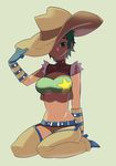  :/ bare_shoulders breasts chaps cleavage cleavage_cutout cowboy_hat crop_top cropped_jacket full_body gloves green_background green_eyes green_hair hand_on_headwear hat high_heels large_breasts looking_at_viewer midriff navel original phantasy_star phantasy_star_universe seiza shoes short_hair short_shorts shorts simple_background sitting sleeveless solo star strapless tensugi_takashi torn_clothes torn_sleeves tubetop vambraces western 