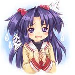  1girl clannad hair_bobbles hair_ornament hikarizaka_private_high_school_uniform ichinose_kotomi inou_shin purple_eyes purple_hair school_uniform solo tears two_side_up wavy_mouth 