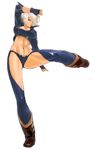  abs angel_(kof) boots chaps fingerless_gloves gloves hair_over_one_eye kicking midriff panties short_hair silver_hair snk solo the_king_of_fighters underwear white_hair 