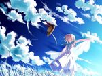  backlighting bare_arms blue_sky closed_eyes closed_mouth cloud copyright_name day dress duplicate from_below grass hat hat_loss hat_removed hat_ribbon headwear_removed outdoors outstretched_arms ribbon shawl sky smile solo spread_arms standing straw_hat tsukishiro_hikari wallpaper white_dress wind wind_a_breath_of_heart yuuki_tatsuya 