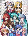  aqua_eyes aqua_hair ayanami_rei bad_id bad_pixiv_id blonde_hair blue_eyes blue_hair blue_sailor_collar blush bow brown_eyes brown_hair buttons crossover fang hairband hat hatsune_miku higurashi_no_naku_koro_ni hiiragi_kagami izumi_konata kagamine_rin kita_high_school_uniform large_buttons little_busters! long_hair lucky_star microphone mole mole_under_eye multiple_girls necktie neon_genesis_evangelion noumi_kudryavka one_eye_closed orange_hair pink_bow pointing purple_hair red_eyes red_hair rindou_(awoshakushi) ryouou_school_uniform ryuuguu_rena sailor_collar school_uniform serafuku shakugan_no_shana shana short_hair silver_hair suzumiya_haruhi suzumiya_haruhi_no_yuuutsu sweatdrop twintails v very_long_hair vocaloid 