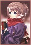  bag blue_eyes breath brown_hair coat handbag haritama_hiroki original ponytail scarf solo 