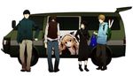  3boys animal_ears bad_id bad_pixiv_id bag black_hair blonde_hair brown_hair car cat_ears company_connection crossover dengeki_bunko durarara!! ground_vehicle hat itasha kadota_kyouhei karisawa_erika long_hair motor_vehicle multiple_boys nogizaka_haruka nogizaka_haruka_no_himitsu short_hair simple_background togusa_saburou tsuyuxxx vest yumasaki_walker 