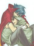  artist_request bandages blue_hair cape cloak closed_eyes happy hug kamina male_focus multiple_boys old older simon tattoo tegaki tengen_toppa_gurren_lagann time_paradox white_background 