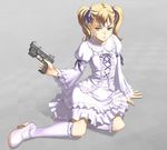  blonde_hair checkered checkered_floor dress five-seven_(gun) frilled_legwear frills green_eyes gun handgun kneehighs laser_sight lolita_fashion mary_janes original pistol shoes sitting solo tantaka trigger_discipline twintails weapon white_dress white_legwear yokozuwari 