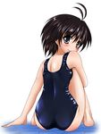  bad_id bad_pixiv_id barefoot black_hair blue_eyes blush highres idolmaster idolmaster_(classic) kikuchi_makoto looking_back no_nose one-piece_swimsuit school_swimsuit shiny shiny_clothes short_hair sitting skindentation smile solo swimsuit tera_hiroshi 