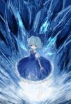  bad_id bad_pixiv_id blue_eyes blue_hair bow cirno dress glowing grin hair_bow jako_(toyprn) light short_hair smile snowflakes solo touhou wavy_hair wings 