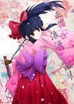  black_hair bow brown_eyes fingerless_gloves gloves hoshina_(diamond) japanese_clothes katana kimono long_hair red_bow sakura_taisen shinguuji_sakura solo sword weapon 