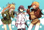  america_(hetalia) axis_powers_hetalia bad_id bad_pixiv_id belt black_hair black_legwear blonde_hair circus66 genderswap genderswap_(mtf) glasses gloves green_eyes gun japan_(hetalia) military military_uniform multiple_girls necktie pantyhose pencil_skirt sam_browne_belt short_hair shorts shoulder_belt side_slit skirt sword thighhighs twintails uniform united_kingdom_(hetalia) weapon white_legwear 