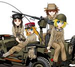  animal_ears azusa_yukimasa bad_id bad_pixiv_id boots browning_m2 car glasses goggles goggles_on_head ground_vehicle gun hat heavy_machine_gun helmet jeep looking_back m3_greasegun machine_gun military military_hat military_uniform moe_wakari! motor_vehicle multiple_girls submachine_gun uniform weapon world_war_ii 