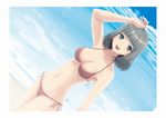  :d arm_up bad_id bad_pixiv_id beach bikini breasts cleavage couzone day dutch_angle green_eyes grey_hair large_breasts navel open_mouth original outdoors red_bikini shading_eyes short_hair side-tie_bikini smile solo swimsuit 
