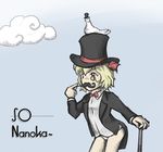  bird blonde_hair cloud commentary_request facial_hair hat is_that_so monocle mustache no_pants pigeon red_eyes rumia short_hair solo top_hat touhou tren 