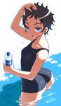  ass bad_id bad_pixiv_id blue_eyes bottle brown_hair domu one-piece_swimsuit original school_swimsuit short_hair solo swimsuit water wet 
