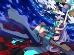  boots cross-laced_footwear hatsune_miku hello_planet_(vocaloid) lace-up_boots long_hair megurine_luka multiple_girls niyaururu perspective plant potted_plant skirt sky smile songover thighhighs very_long_hair vocaloid wander_last_(vocaloid) 