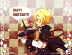  1boy ahoge arc_system_works blazblue blazblue:_calamity_trigger blonde_hair blue_eyes blush cape carl_clover child claws gift glasses gloves happy_birthday hat headdress male nirvana present robot surprised top_hat 