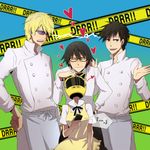  1girl 3boys :d ^_^ amir_(artist) animal_ears apron arm_at_side bad_id bad_pixiv_id bangs bare_arms black-framed_eyewear black_apron black_bow black_eyes black_hair black_neckwear blonde_hair blue_background blurry bow bowtie breasts cat_ears caution_tape cellphone celty_sturluson chef_uniform closed_eyes collared_shirt cosplay covered_face cowboy_shot double-breasted durarara!! facing_viewer fake_animal_ears fukuyama_jun gradient gradient_background green_background grey_apron hand_on_another's_head hand_on_hip hands_up heart height_difference heiwajima_shizuo helmet highres holding holding_cellphone holding_phone kamiya_hiroshi kishitani_shinra leaning_forward lightning long_sleeves looking_at_another looking_away medium_breasts motorcycle_helmet multiple_boys neck_ribbon ono_daisuke open_hand open_mouth orihara_izaya parody phone popped_collar red_eyes ribbon seiyuu_connection shirt short_sleeves smile speech_bubble spoken_ellipsis sunglasses taneshima_popura two-tone_background uniform waist_apron white_shirt working!! yellow_apron 
