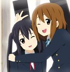  bad_id bad_pixiv_id black_hair brown_eyes brown_hair guitar_case highres hirasawa_yui hug instrument_case k-on! long_hair multiple_girls nakano_azusa school_uniform short_hair twintails v yunotimo 