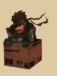  big_boss box cardboard_box highres in_container inuyou male_focus metal_gear_(series) metal_gear_solid_peace_walker product_placement sepia_background solo 