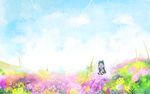  colorful day field flower flower_field green_hair hatsune_miku long_hair nonaka_yuu sitting sky smile solo vocaloid wariza 