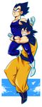  2boys baggy_clothes black_hair boots cloud dragon_ball dragonball_z flying gloves highres hug male male_focus multiple_boys rivals shiko_an smile son_goku son_gokuu vegeta yaoi you_die_now 