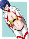  blue_hair blush breasts cape cleavage cosplay dash48 dutch_angle eyepatch frown gloves green_eyes ikkitousen large_breasts midriff ryomou_shimei short_hair solo space_yoko star tengen_toppa_gurren_lagann yoko_littner yoko_littner_(cosplay) 