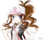  baseball_cap blue_eyes grin hands_on_hips hat lowres mtyy pokemon pokemon_(game) pokemon_bw ponytail signature simple_background sketch smile solo touko_(pokemon) white_background 