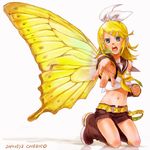  aqua_eyes blonde_hair butterfly_wings cherico foreshortening hair_ornament hair_ribbon hairclip headphones headset kagamine_rin midriff migikata_no_chou_(vocaloid) navel ribbon short_hair solo vocaloid wings yellow_wings 