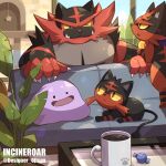  :o artist_name black_eyes blue_sky blush candy character_name claws closed_mouth cloud coffee coffee_mug coffee_table colored_sclera commentary_request couch cup day designer_ojisan ditto evolutionary_line fangs fangs_out food frown green_eyes highres incineroar litten looking_at_another mug no_humans on_couch one_eye_closed open_mouth paw_print plant pokemon pokemon_(creature) potted_plant red_eyes sky smile star_(symbol) table torracat twitter_username v-shaped_eyebrows window yellow_sclera 